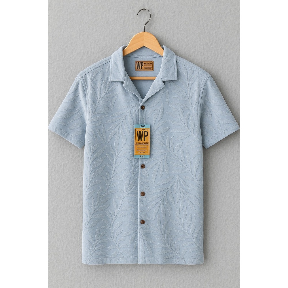 Weatherproof Vintage Mens Large Blue Terry Cloth Leaf Jacquard Camp Shirt NWT